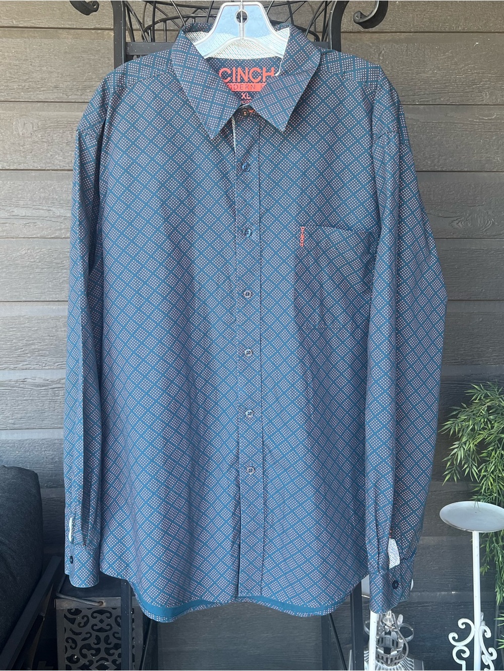 Cinch Modern Fit Mens XLarge Dark Teal Geometric Diamond Long Sleeve Button Up